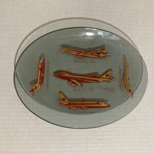Vintage Glass Oval Plate With Airplane Illustrations Boeing Convair Douglas